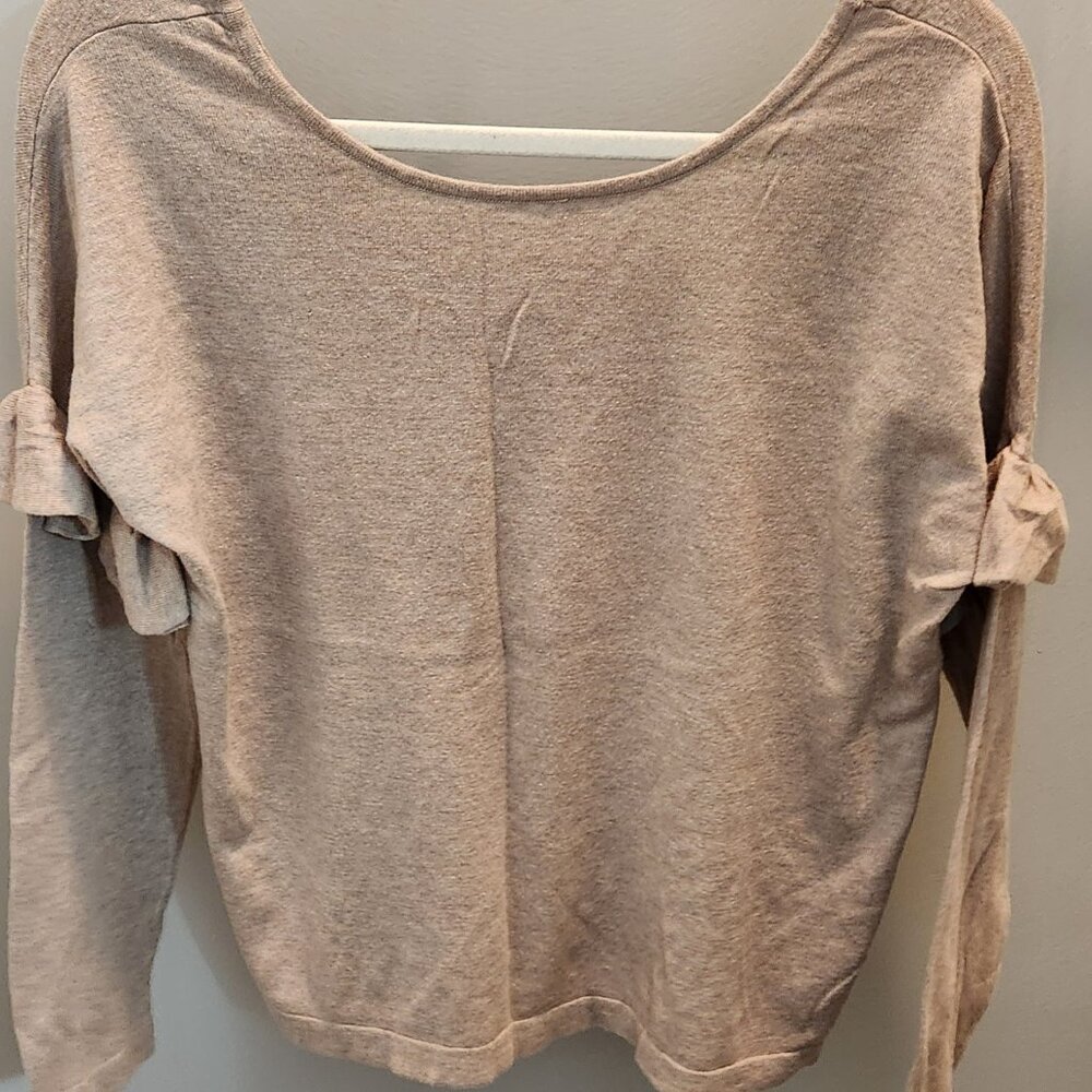 Womans Wide Neck Tan Sweater with ruffles by Shrinking Violet - Size Large